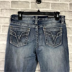 Vigoss Heritage Fit Slim Boot Cut Jeans Embroidered Stitched Western Dark Denim